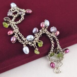 Dangle Bracelet Peridot Pearls Sterling Silver Double Layered Y2K